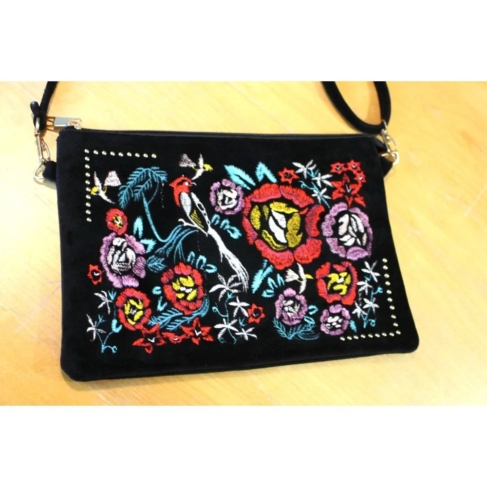 Black Embroidered Crossbody Bag Floral Bird Unbranded Adjustable Velvet Purse